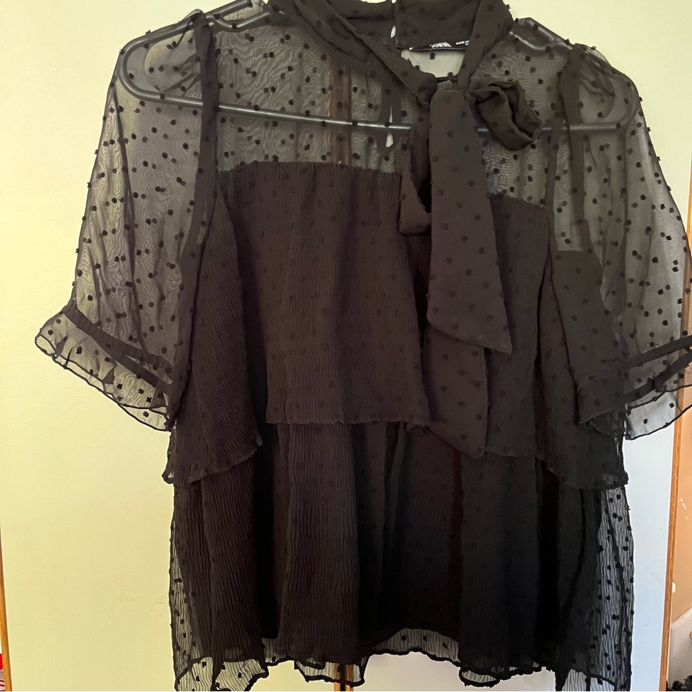 Zara Black Sheer Dot-Tier Tie-Neck Blouse - Picture 3 of 14